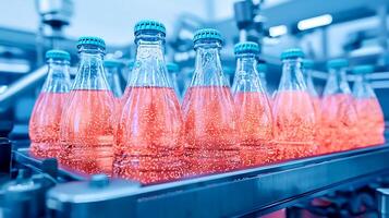 Bottles of sparkling beverage on a production line with bubbles and vibrant colors in a factory photo