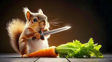 Squirrel wielding a small sword, preparing to slice a carrot and lettuce on a wooden table photo