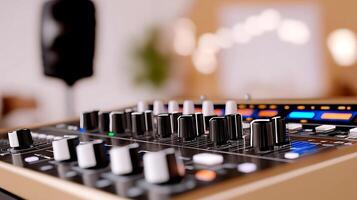Close-up of a modern audio mixer with knobs and sliders in a stylish studio environment photo