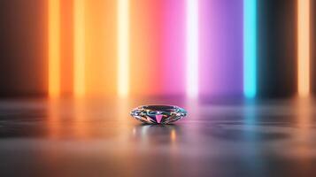 A sparkling diamond resting on a reflective surface, illuminated by colorful neon lights in the background photo