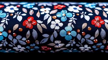de cerca de un vibrante floral tela rodar mostrando intrincado patrones y colores foto