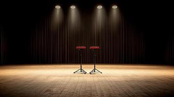 Two red stools positioned on a wooden stage under spotlight, ready for a performance or presentation photo