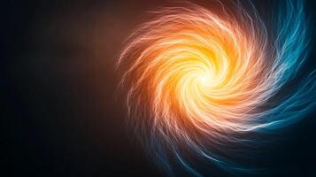 Abstract swirling vortex of orange and blue light on a dark background, creating a dynamic visual effect photo
