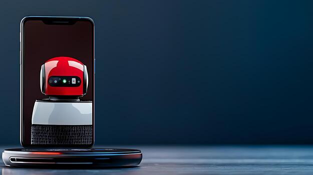 A sleek smartphone displaying a futuristic robot on a wireless charging pad in a modern setting photo