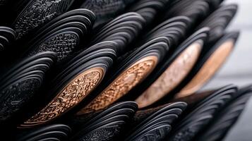 Close-up of intricately designed black and bronze coins stacked in a decorative display photo
