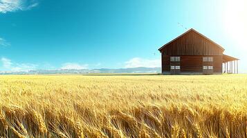 Serene countryside landscape featuring a rustic wooden barn amidst golden wheat fields under a clear blue sky photo