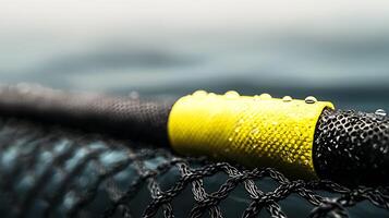 Close-up of a fishing net with droplets on a yellow grip against a blurred water background photo