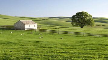 Serene countryside landscape featuring a rustic barn and grazing sheep under a clear sky photo