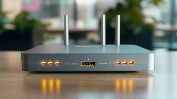 Modern wireless router with LED indicators on a wooden table in a bright office environment photo