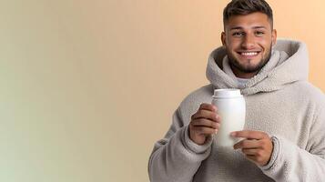 Young man in a cozy hoodie smiling while holding a white container against a soft gradient background photo