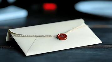 Elegant sealed envelope on a rustic table, with blurred background elements suggesting intimacy photo