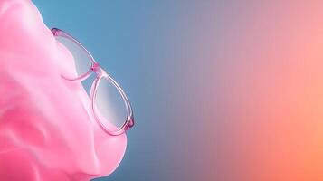 Pink abstract shape with glasses against a gradient background, creating a surreal visual effect photo
