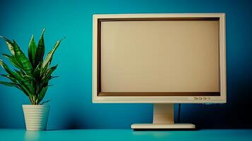 Vintage computer monitor on a blue background with a potted plant beside it, creating a retro aesthetic photo