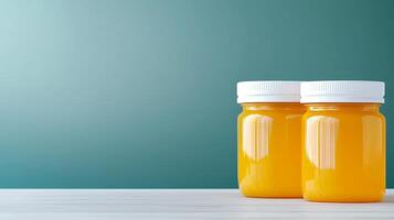 Two jars of bright orange juice sit on a wooden table against a soft gradient background photo
