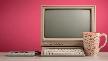 Vintage computer setup with a retro monitor, keyboard, and patterned mug against a pink backdrop photo