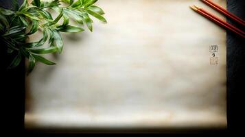 Blank parchment with green leaves and chopsticks on a dark surface, evoking creativity and calm photo