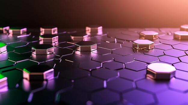 de cerca ver de metálico hexagonal formas en un oscuro superficie con vistoso Encendiendo efectos foto