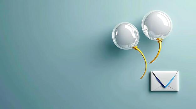 Two transparent balloons with yellow strings floating beside a white envelope on a soft blue background photo