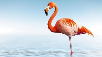 Vibrant flamingo standing gracefully in calm waters, with a serene blue sky in the background photo