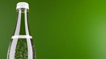 Sparkling water bottle on a vibrant green background with bubbles and no distractions photo