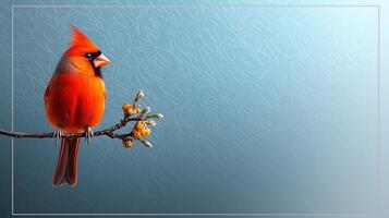 Vibrant red cardinal perched on a branch with budding flowers against a soft blue background photo