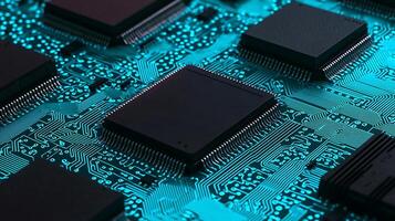 Close-up of a circuit board with microchips illuminated in blue, showcasing intricate designs photo