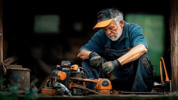Elderly man repairing machinery in a rustic workshop surrounded by tools and wood debris photo