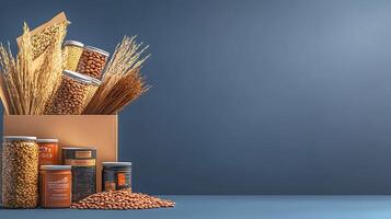 A collection of various grains and nuts displayed in jars and a box against a blue backdrop photo