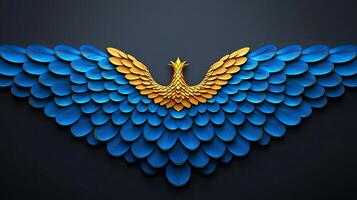 Vibrant, stylized phoenix wings in blue and gold against a dark background, symbolizing rebirth photo