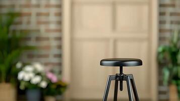 Black stool positioned in front of a wooden door with plants and flowers in the background photo