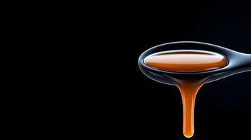 Close-up of a glossy black spoon with caramel sauce dripping, against a dark background photo