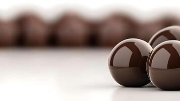 Close-up of glossy chocolate spheres on a white surface with blurred background chocolates photo