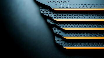 Close-up of layered geometric design featuring hexagonal patterns and orange accents on a dark background photo