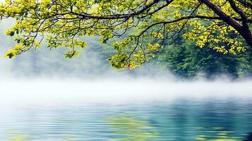 Serene lakeside view with mist rising above the water and lush green foliage framing the scene photo