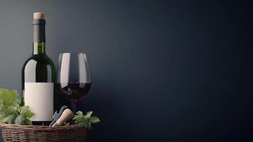 A bottle of red wine with a glass and corkscrew, surrounded by grapes in a rustic basket photo