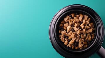 Close-up of a bowl filled with diced chicken and beans against a teal background photo