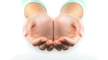 Two open hands gently cupped together, symbolizing care and offering, with a soft white background photo