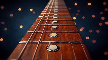 Close-up view of a guitar neck with illuminated bokeh lights in the background, creating a musical ambiance photo