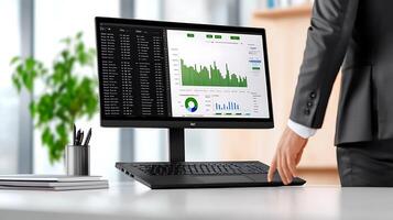 Business professional analyzing data on a computer screen in a modern office environment photo
