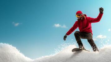 Snowboarder performing tricks on a snowy slope under a clear blue sky with clouds photo