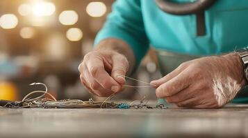 Skilled craftsman tying fishing line with various tools and materials in a workshop setting photo