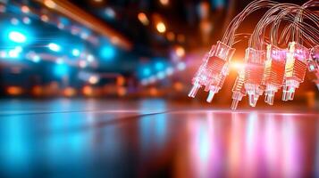 Vibrant close-up of glowing connectors against a blurred, colorful tech background photo