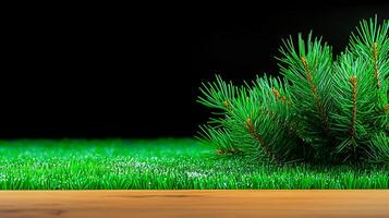 Lush green pine branches resting on vibrant artificial grass against a dark background photo