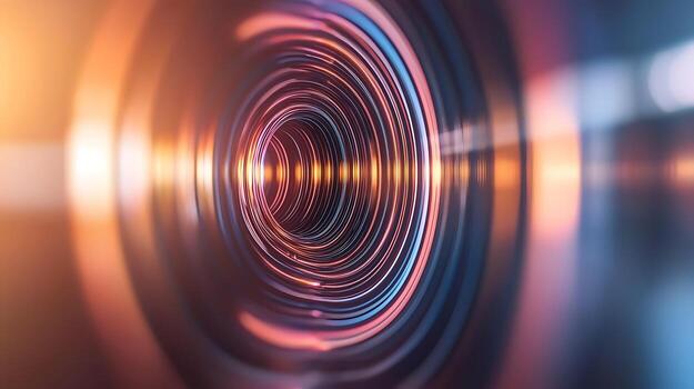 Abstract close-up of a camera lens showcasing colorful light reflections and circular patterns photo