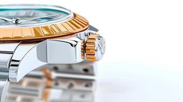 Close-up of an elegant watch showcasing intricate details and a shiny bezel against a white background photo