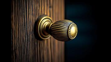 Close-up of an ornate brass door knob on a textured wooden door, creating an inviting atmosphere photo