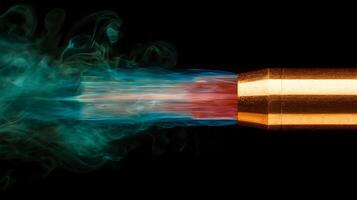 Close-up view of a bullet being fired, showcasing vibrant smoke trails against a dark backdrop photo