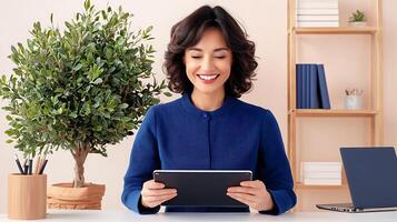 Smiling woman using a tablet at a modern workspace with plants and bookshelves in the background photo