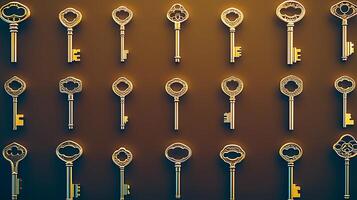 A collection of ornate vintage keys arranged in a grid pattern against a warm gradient background photo