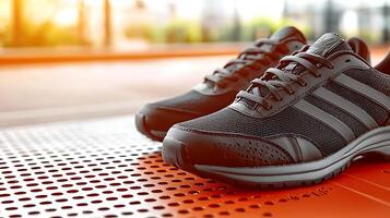 Close-up of stylish black running shoes on a vibrant orange surface with a blurred background photo